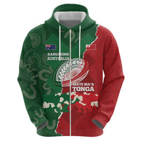 Custom Tonga And Australia Rugby Hoodie Mate Maa Tongan Ngatu Mix Kangaroos Aboriginal LT14 - Polynesian Pride