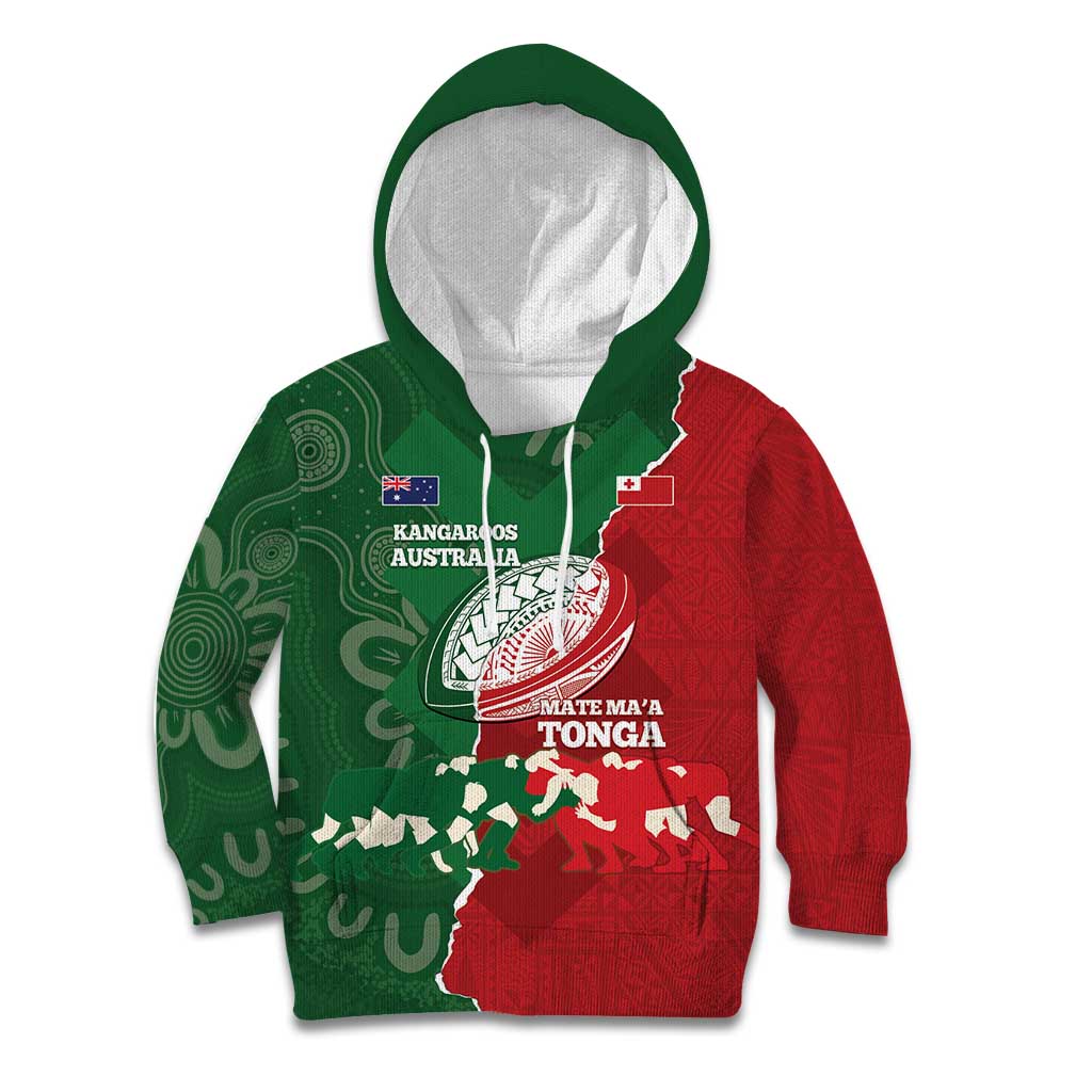 Custom Tonga And Australia Rugby Kid Hoodie Mate Maa Tongan Ngatu Mix Kangaroos Aboriginal