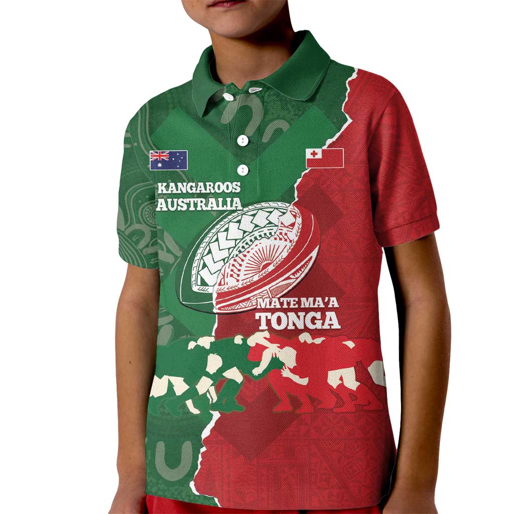 Custom Tonga And Australia Rugby Kid Polo Shirt Mate Maa Tongan Ngatu Mix Kangaroos Aboriginal LT14 Kid Green - Polynesian Pride