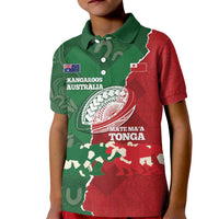 Custom Tonga And Australia Rugby Kid Polo Shirt Mate Maa Tongan Ngatu Mix Kangaroos Aboriginal LT14 Kid Green - Polynesian Pride