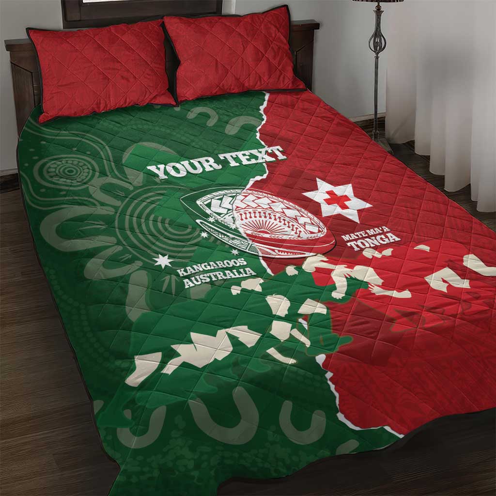 Custom Tonga And Australia Rugby Quilt Bed Set Mate Maa Tongan Ngatu Mix Kangaroos Aboriginal LT14 Green - Polynesian Pride