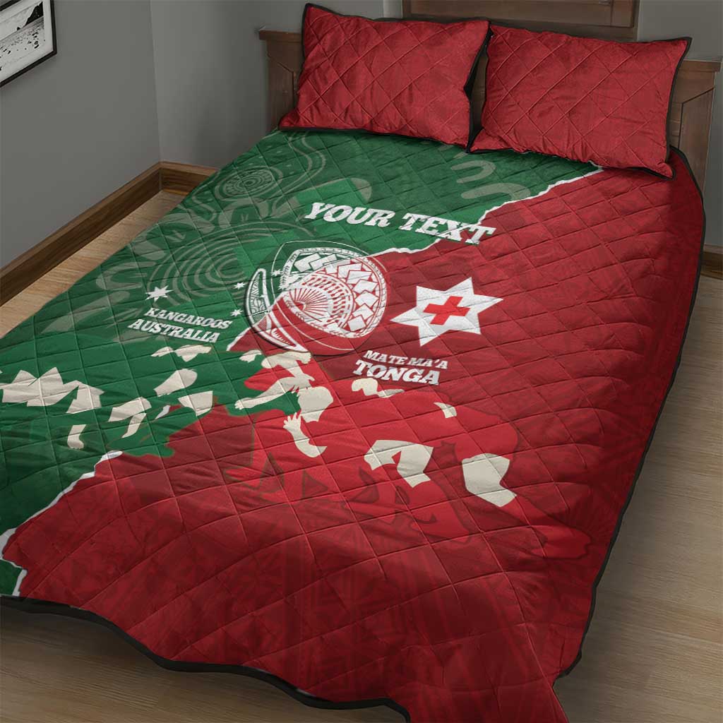 Custom Tonga And Australia Rugby Quilt Bed Set Mate Maa Tongan Ngatu Mix Kangaroos Aboriginal LT14 - Polynesian Pride