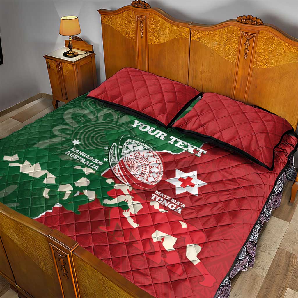 Custom Tonga And Australia Rugby Quilt Bed Set Mate Maa Tongan Ngatu Mix Kangaroos Aboriginal LT14 - Polynesian Pride