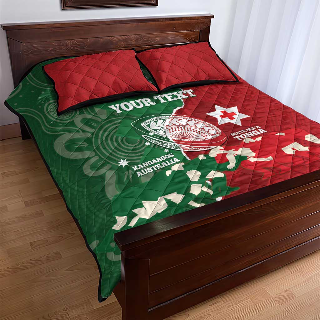 Custom Tonga And Australia Rugby Quilt Bed Set Mate Maa Tongan Ngatu Mix Kangaroos Aboriginal LT14 - Polynesian Pride
