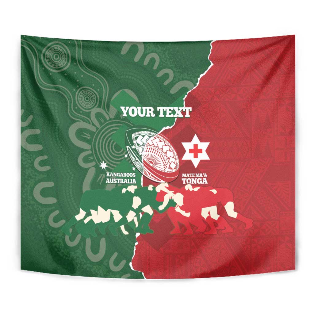Custom Tonga And Australia Rugby Tapestry Mate Maa Tongan Ngatu Mix Kangaroos Aboriginal