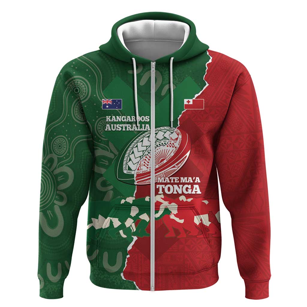 Custom Tonga And Australia Rugby Zip Hoodie Mate Maa Tongan Ngatu Mix Kangaroos Aboriginal LT14 Zip Hoodie Green - Polynesian Pride