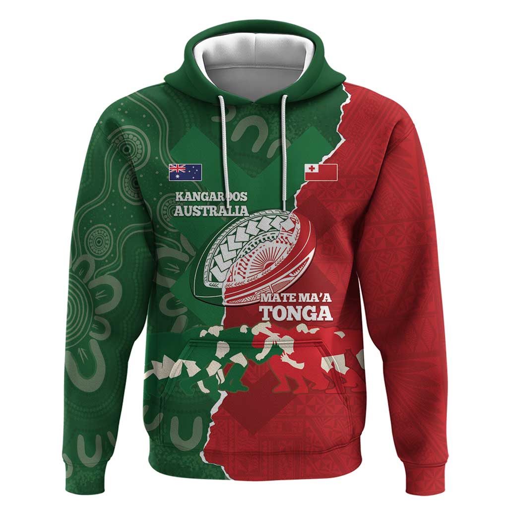 Custom Tonga And Australia Rugby Zip Hoodie Mate Maa Tongan Ngatu Mix Kangaroos Aboriginal LT14 Pullover Hoodie Green - Polynesian Pride