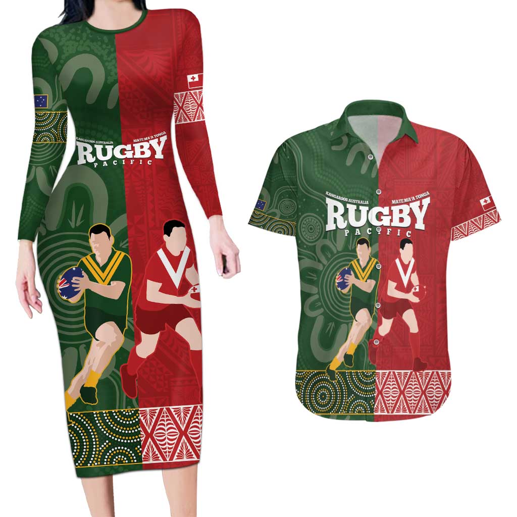 Custom Mate Maa Tonga And Kangaroo Australia Couples Matching Long Sleeve Bodycon Dress and Hawaiian Shirt Tongan Kupesi Mix Aboriginal Art