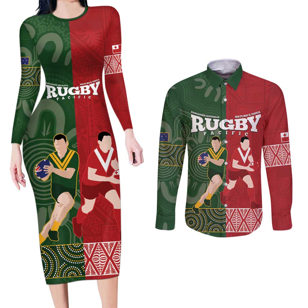 Custom Mate Maa Tonga And Kangaroo Australia Couples Matching Long Sleeve Bodycon Dress and Long Sleeve Button Shirt Tongan Kupesi Mix Aboriginal Art