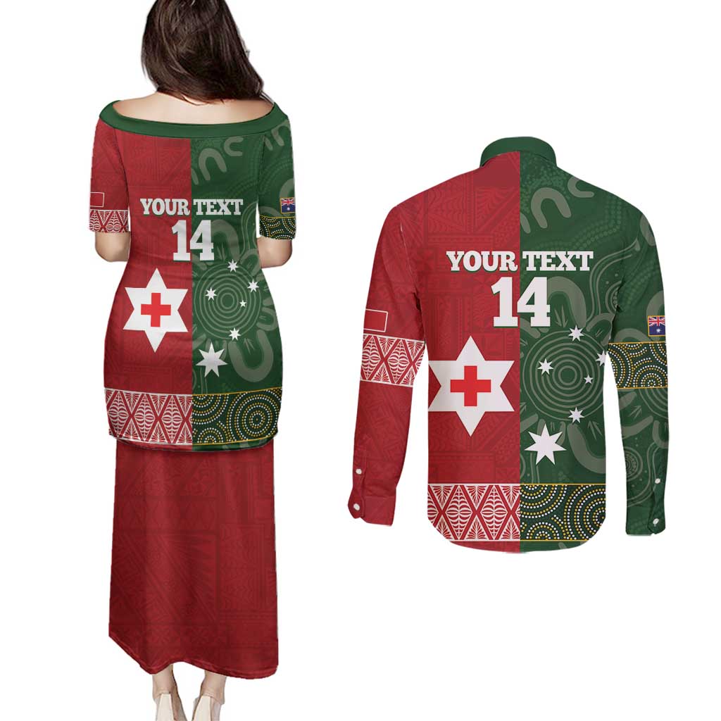 Custom Mate Maa Tonga And Kangaroo Australia Couples Matching Puletasi and Long Sleeve Button Shirt Tongan Kupesi Mix Aboriginal Art