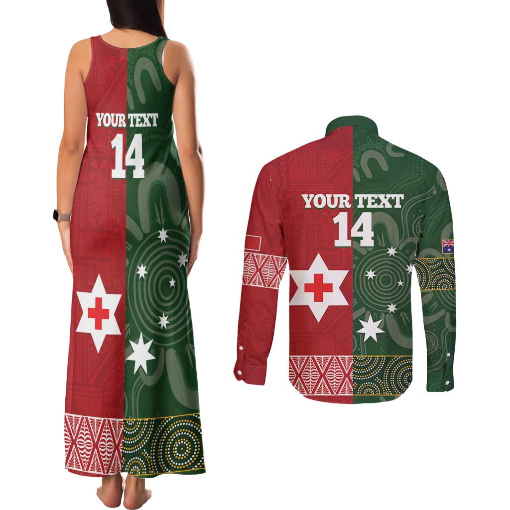 Custom Mate Maa Tonga And Kangaroo Australia Couples Matching Tank Maxi Dress and Long Sleeve Button Shirt Tongan Kupesi Mix Aboriginal Art