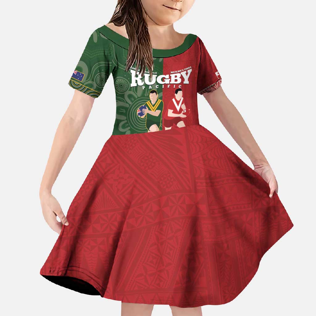 Custom Mate Maa Tonga And Kangaroo Australia Family Matching Summer Maxi Dress and Hawaiian Shirt Tongan Kupesi Mix Aboriginal Art LT14 Daughter's Dress Green - Polynesian Pride