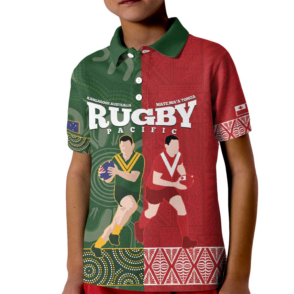 Custom Mate Maa Tonga And Kangaroo Australia Kid Polo Shirt Tongan Kupesi Mix Aboriginal Art LT14 Kid Green - Polynesian Pride
