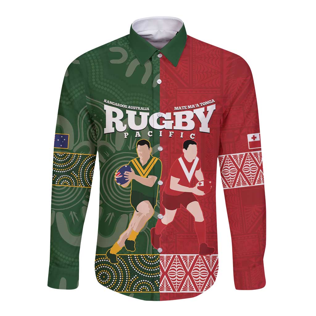 Custom Mate Maa Tonga And Kangaroo Australia Long Sleeve Button Shirt Tongan Kupesi Mix Aboriginal Art LT14 Unisex Green - Polynesian Pride