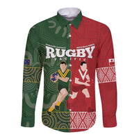 Custom Mate Maa Tonga And Kangaroo Australia Long Sleeve Button Shirt Tongan Kupesi Mix Aboriginal Art LT14 Unisex Green - Polynesian Pride