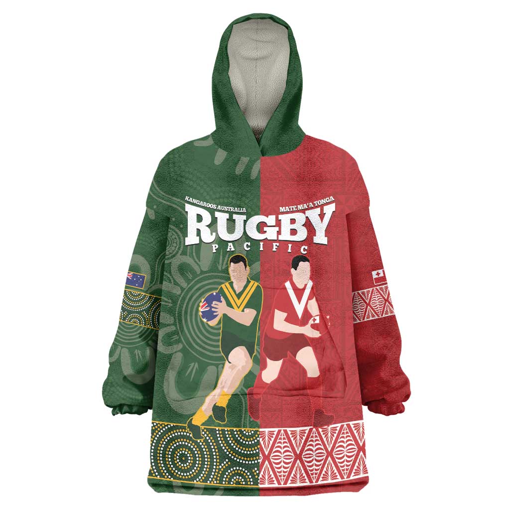 Custom Mate Maa Tonga And Kangaroo Australia Wearable Blanket Hoodie Tongan Kupesi Mix Aboriginal Art LT14 One Size Green - Polynesian Pride