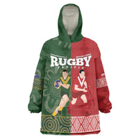 Custom Mate Maa Tonga And Kangaroo Australia Wearable Blanket Hoodie Tongan Kupesi Mix Aboriginal Art LT14 One Size Green - Polynesian Pride