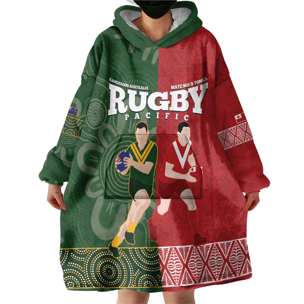 Custom Mate Maa Tonga And Kangaroo Australia Wearable Blanket Hoodie Tongan Kupesi Mix Aboriginal Art LT14 - Polynesian Pride