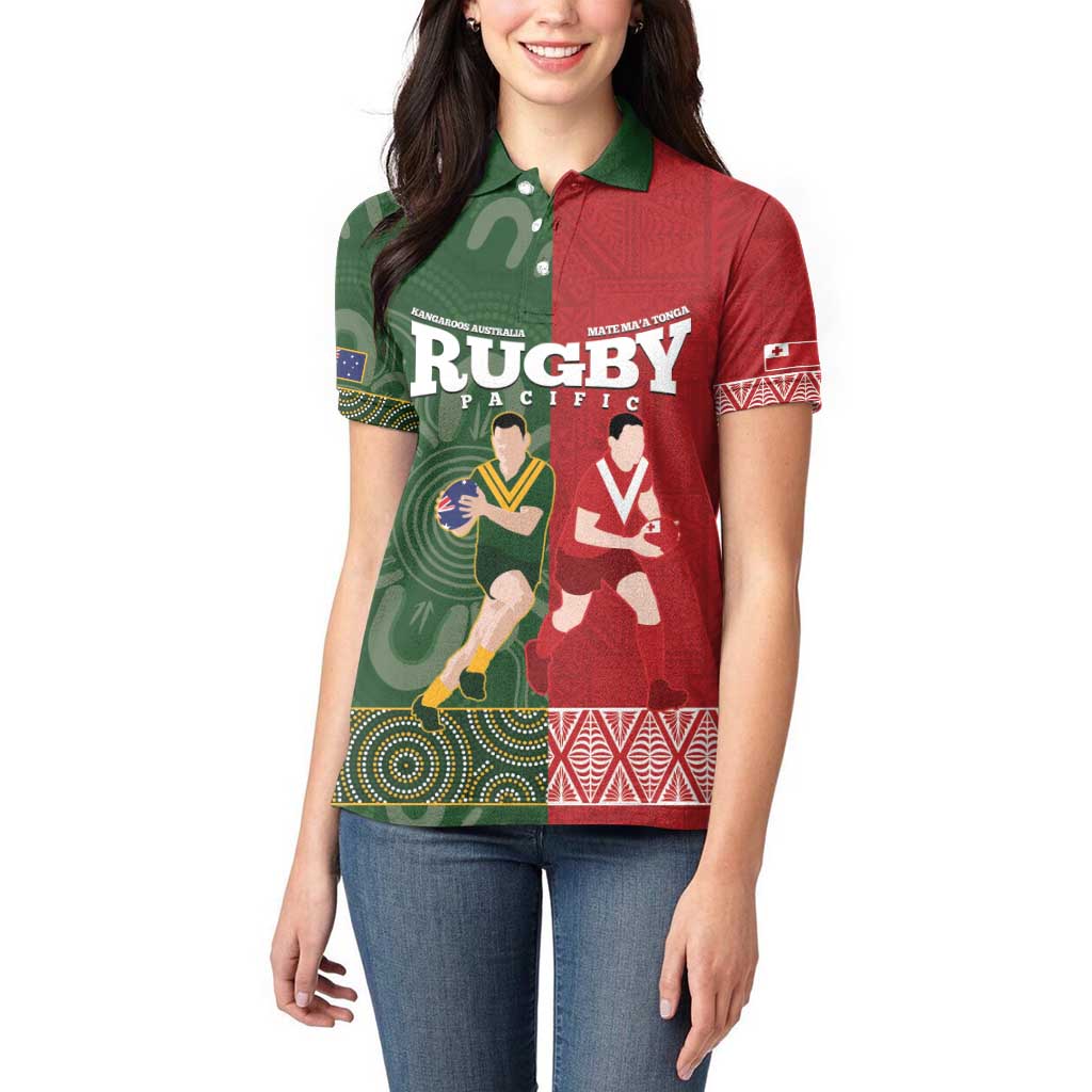 Custom Mate Maa Tonga And Kangaroo Australia Women Polo Shirt Tongan Kupesi Mix Aboriginal Art LT14 - Polynesian Pride