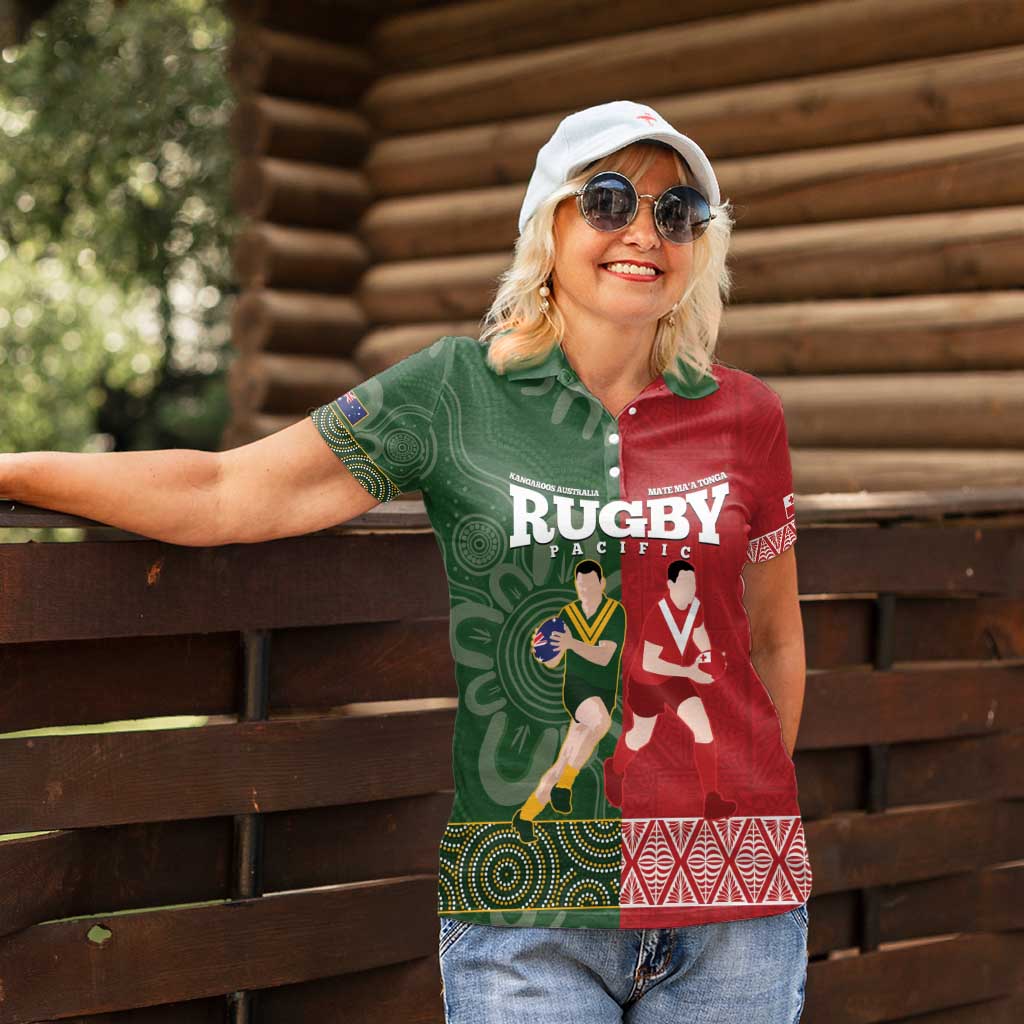 Custom Mate Maa Tonga And Kangaroo Australia Women Polo Shirt Tongan Kupesi Mix Aboriginal Art LT14 - Polynesian Pride