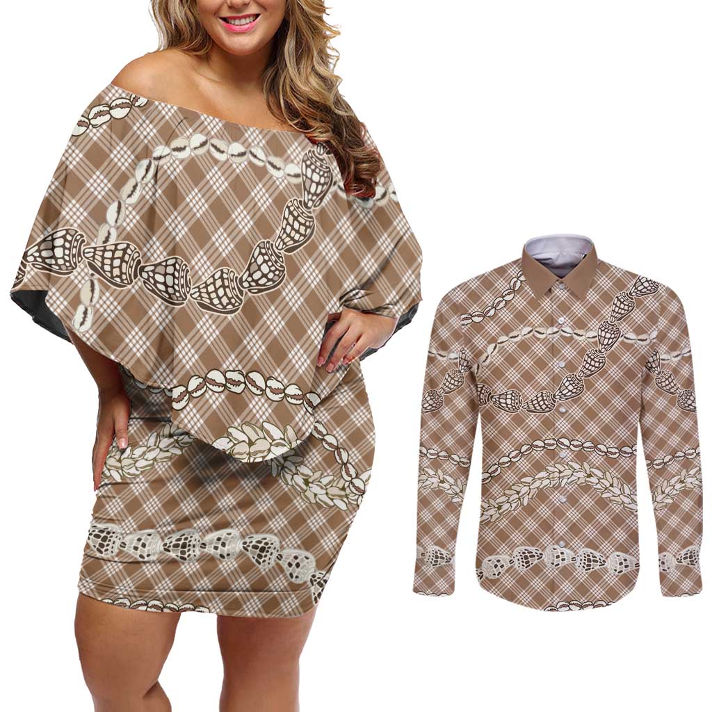 Brown Aloha Hawaii Shell Lei Couples Matching Off Shoulder Short Dress and Long Sleeve Button Shirt Palaka Hebrew Cone Honey Cowrie Elegant Curves - Polynesian Pride