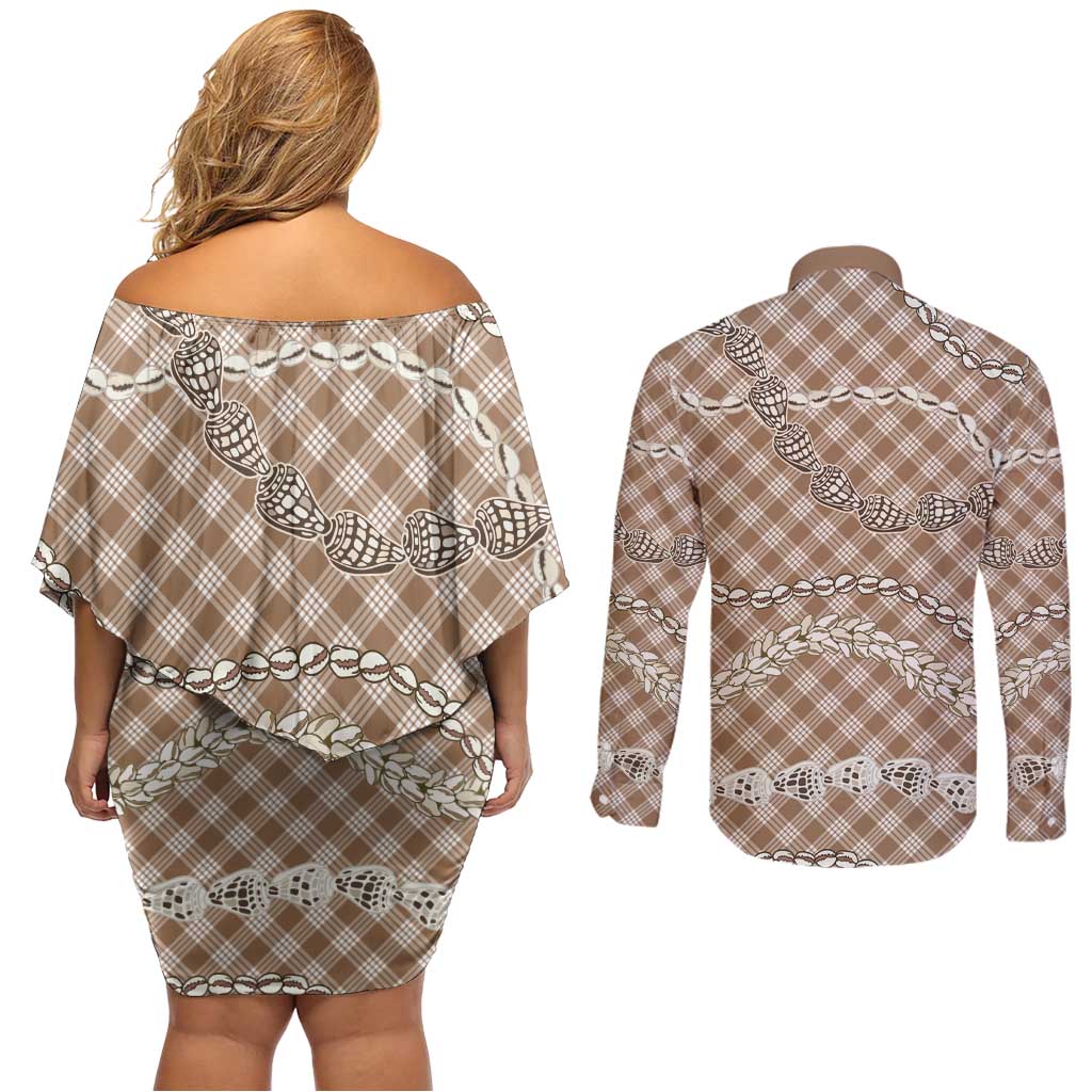 Brown Aloha Hawaii Shell Lei Couples Matching Off Shoulder Short Dress and Long Sleeve Button Shirt Palaka Hebrew Cone Honey Cowrie Elegant Curves - Polynesian Pride