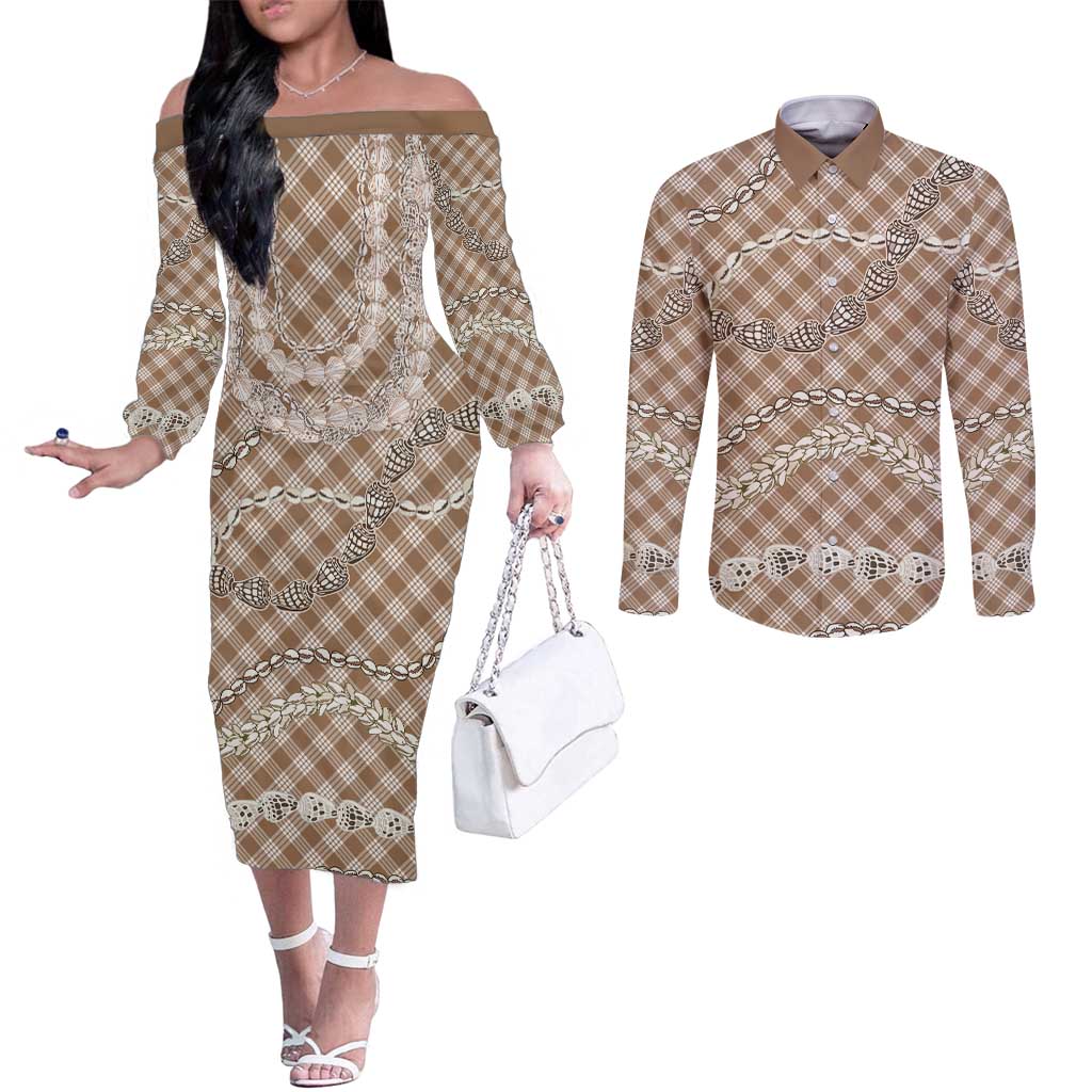 Brown Aloha Hawaii Shell Lei Couples Matching Off The Shoulder Long Sleeve Dress and Long Sleeve Button Shirt Palaka Hebrew Cone Honey Cowrie Elegant Curves - Polynesian Pride