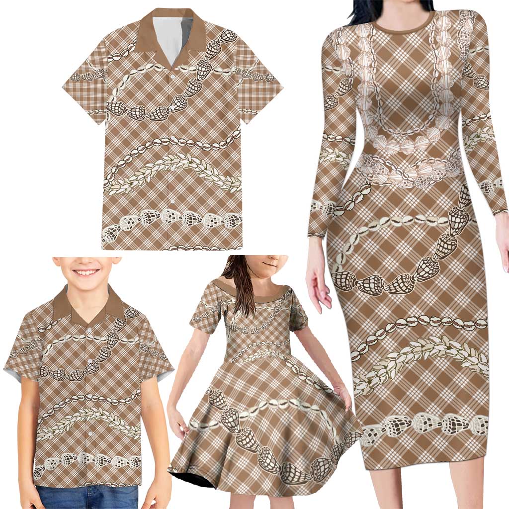 Brown Aloha Hawaii Shell Lei Family Matching Long Sleeve Bodycon Dress and Hawaiian Shirt Palaka Hebrew Cone Honey Cowrie Elegant Curves - Polynesian Pride