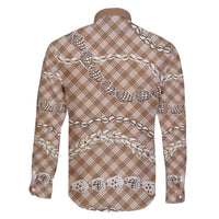 Brown Aloha Hawaii Shell Lei Family Matching Off The Shoulder Long Sleeve Dress and Hawaiian Shirt Palaka Hebrew Cone Honey Cowrie Elegant Curves - Polynesian Pride