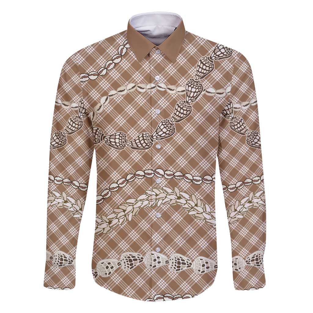 Brown Aloha Hawaii Shell Lei Family Matching Off Shoulder Short Dress and Hawaiian Shirt Palaka Hebrew Cone Honey Cowrie Elegant Curves - Polynesian Pride