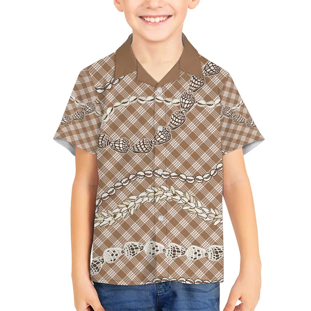 Brown Aloha Hawaii Shell Lei Family Matching Off Shoulder Short Dress and Hawaiian Shirt Palaka Hebrew Cone Honey Cowrie Elegant Curves - Polynesian Pride