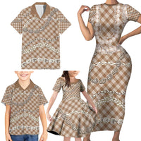 Brown Aloha Hawaii Shell Lei Family Matching Short Sleeve Bodycon Dress and Hawaiian Shirt Palaka Hebrew Cone Honey Cowrie Elegant Curves - Polynesian Pride