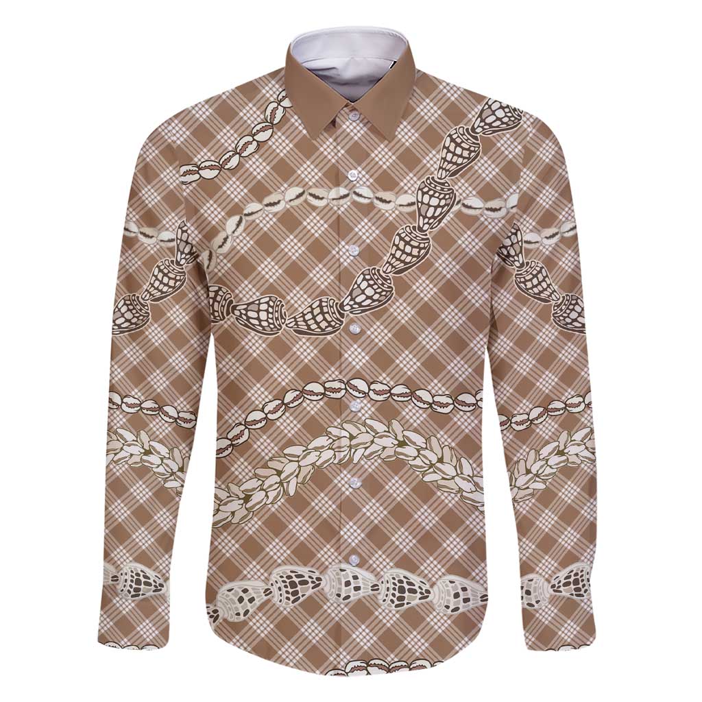 Brown Aloha Hawaii Shell Lei Family Matching Short Sleeve Bodycon Dress and Hawaiian Shirt Palaka Hebrew Cone Honey Cowrie Elegant Curves - Polynesian Pride