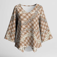 Brown Aloha Hawaii Shell Lei Kimono Sleeve Blouse Palaka Hebrew Cone Honey Cowrie Elegant Curves - Polynesian Pride