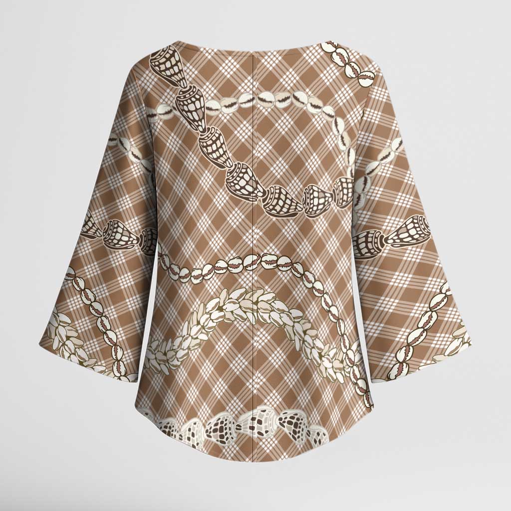 Brown Aloha Hawaii Shell Lei Kimono Sleeve Blouse Palaka Hebrew Cone Honey Cowrie Elegant Curves - Polynesian Pride