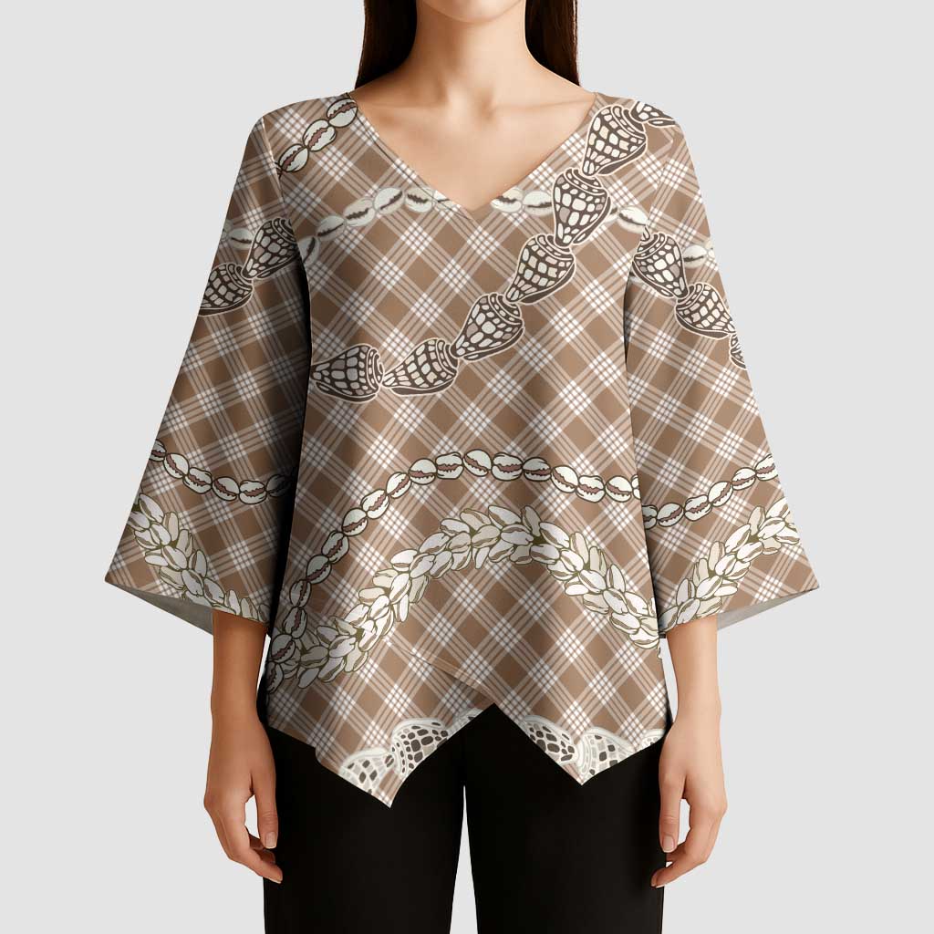 Brown Aloha Hawaii Shell Lei Kimono Sleeve Blouse Palaka Hebrew Cone Honey Cowrie Elegant Curves - Polynesian Pride