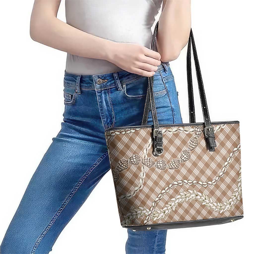 Brown Aloha Hawaii Shell Lei Leather Tote Bag Palaka Hebrew Cone Honey Cowrie Elegant Curves - Polynesian Pride
