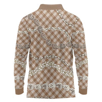 Brown Aloha Hawaii Shell Lei Long Sleeve Polo Shirt Palaka Hebrew Cone Honey Cowrie Elegant Curves - Polynesian Pride