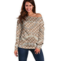 Brown Aloha Hawaii Shell Lei Off Shoulder Sweater Palaka Hebrew Cone Honey Cowrie Elegant Curves - Polynesian Pride