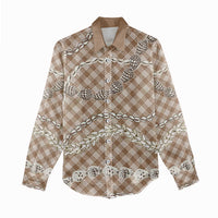 Brown Aloha Hawaii Shell Lei Women Casual Shirt Palaka Hebrew Cone Honey Cowrie Elegant Curves - Polynesian Pride