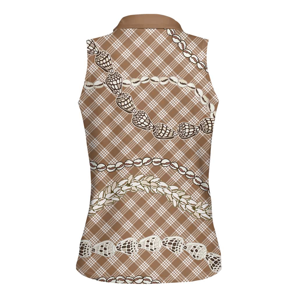 Brown Aloha Hawaii Shell Lei Women Sleeveless Polo Shirt Palaka Hebrew Cone Honey Cowrie Elegant Curves - Polynesian Pride