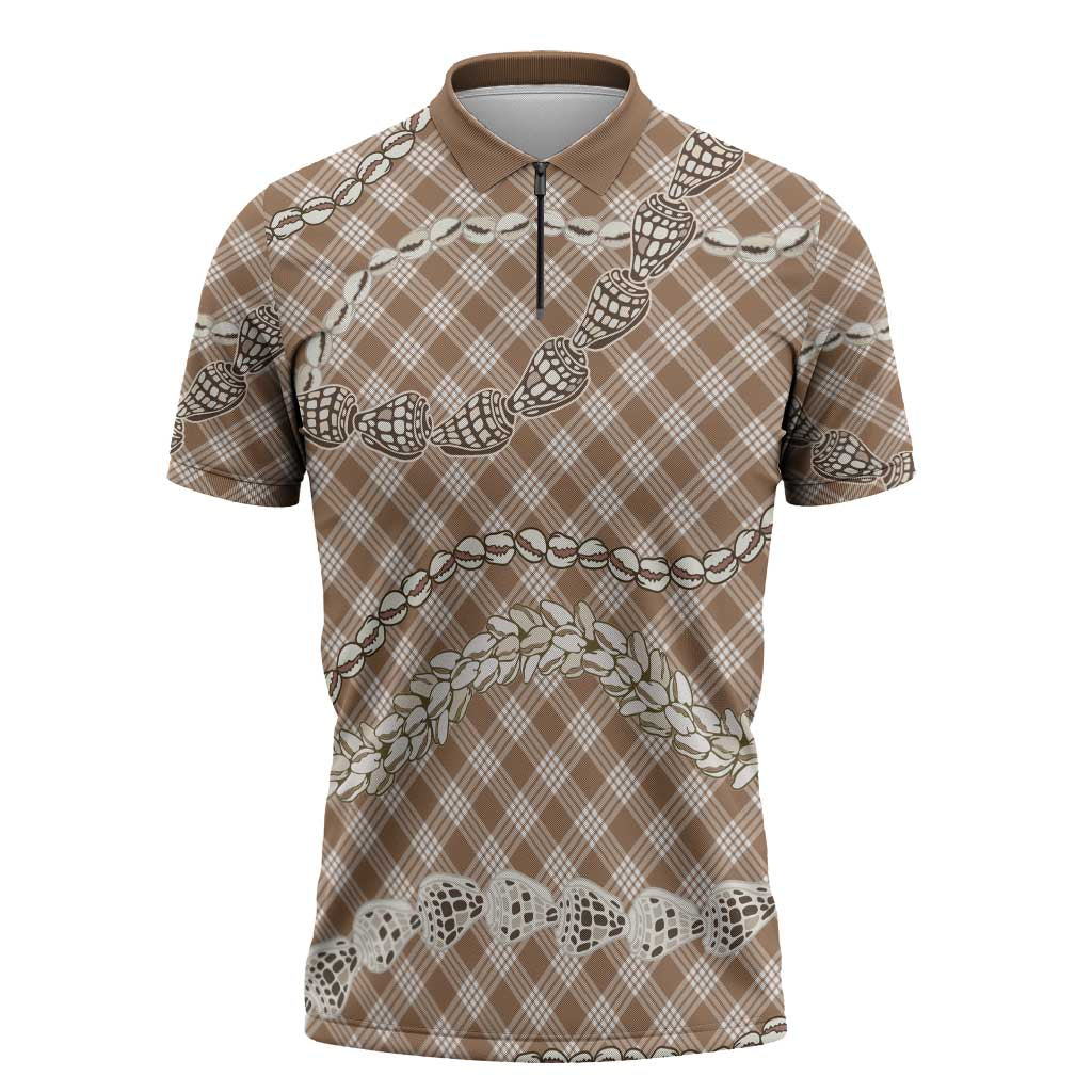 Brown Aloha Hawaii Shell Lei Zipper Polo Shirt Palaka Hebrew Cone Honey Cowrie Elegant Curves - Polynesian Pride