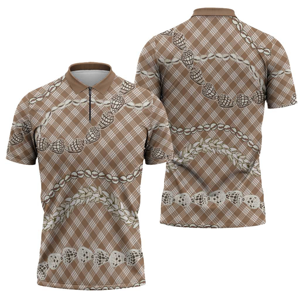 Brown Aloha Hawaii Shell Lei Zipper Polo Shirt Palaka Hebrew Cone Honey Cowrie Elegant Curves - Polynesian Pride