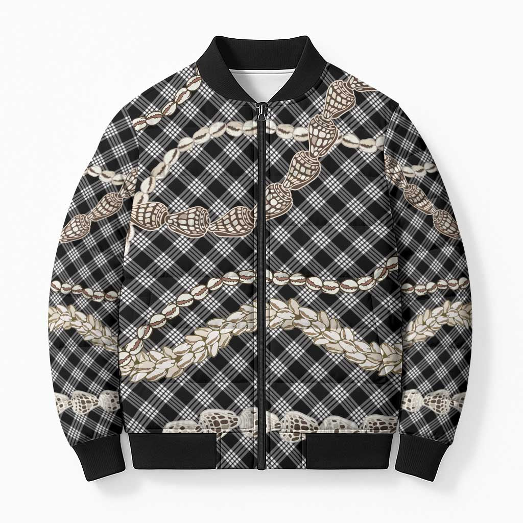 Black Aloha Hawaii Shell Lei Bomber Puffer Jacket Palaka Hebrew Cone Honey Cowrie Elegant Curves - Polynesian Pride