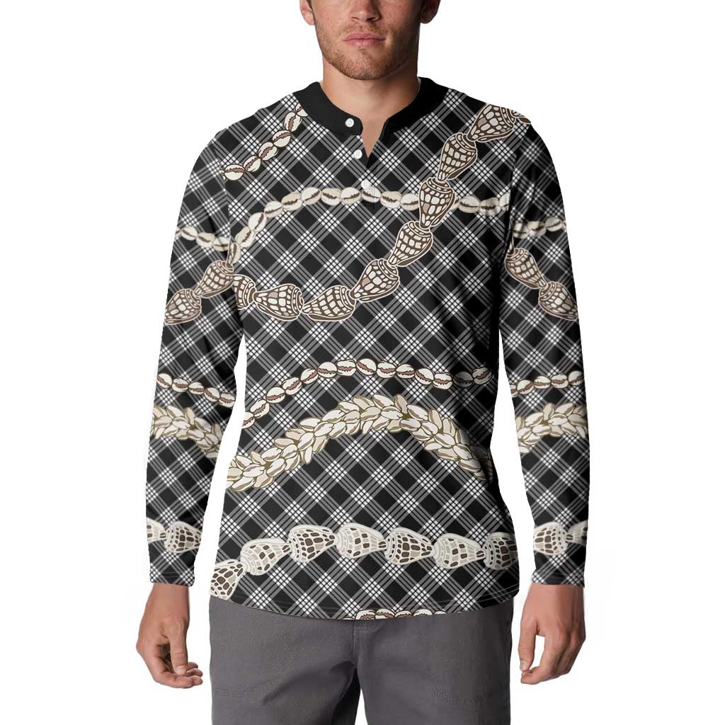 Black Aloha Hawaii Shell Lei Button Sweatshirt Palaka Hebrew Cone Honey Cowrie Elegant Curves - Polynesian Pride