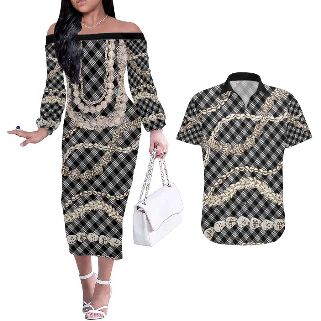 Black Aloha Hawaii Shell Lei Couples Matching Off The Shoulder Long Sleeve Dress and Hawaiian Shirt Palaka Hebrew Cone Honey Cowrie Elegant Curves - Polynesian Pride
