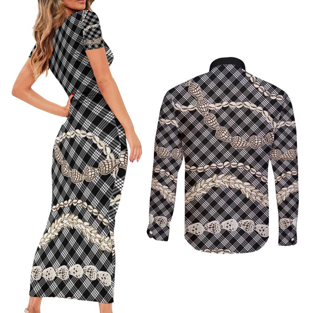 Black Aloha Hawaii Shell Lei Couples Matching Short Sleeve Bodycon Dress and Long Sleeve Button Shirt Palaka Hebrew Cone Honey Cowrie Elegant Curves - Polynesian Pride