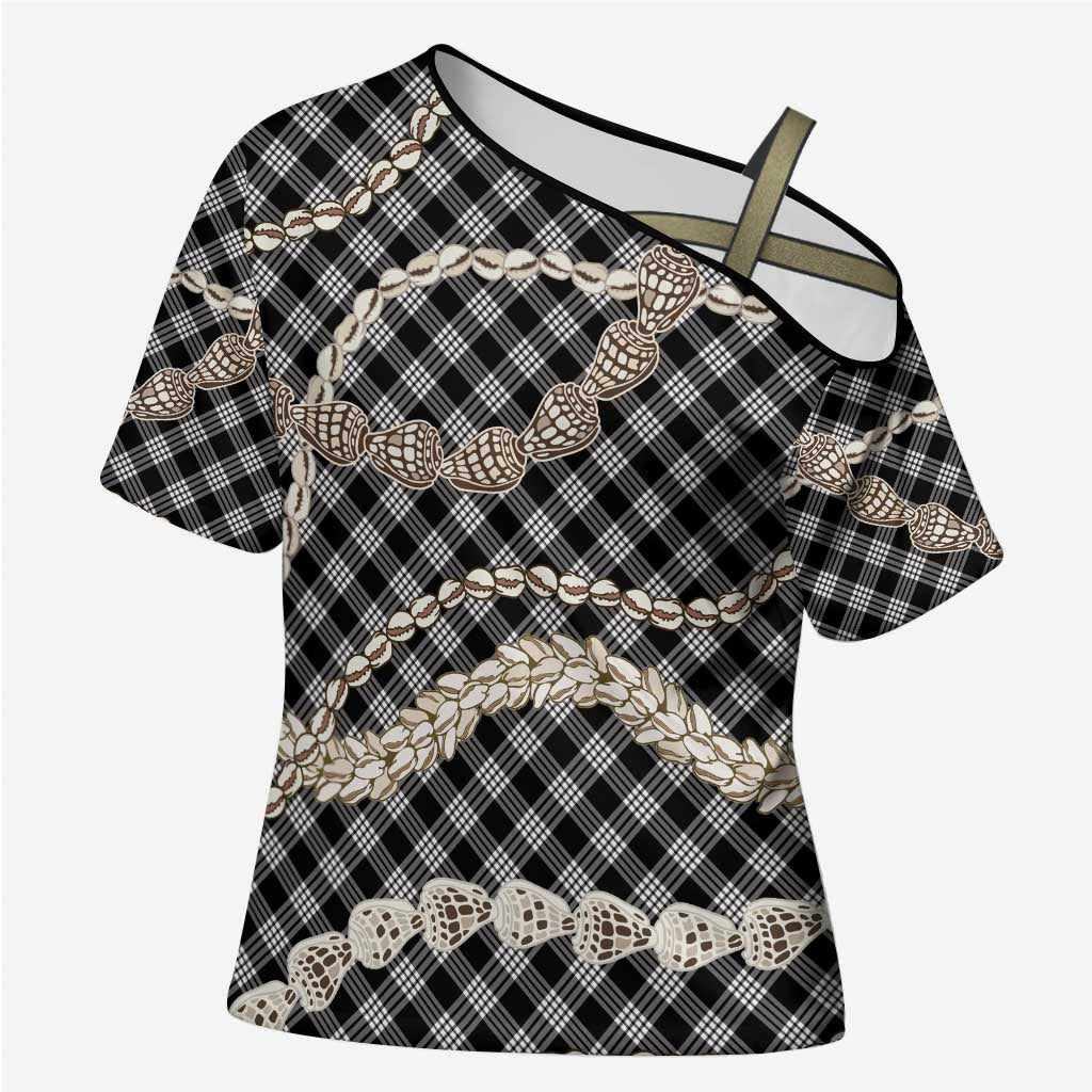 Black Aloha Hawaii Shell Lei Cross Shoulder Shirt Palaka Hebrew Cone Honey Cowrie Elegant Curves - Polynesian Pride