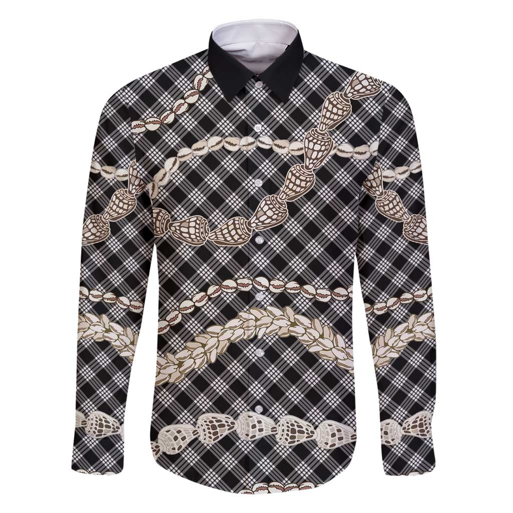 Black Aloha Hawaii Shell Lei Family Matching Long Sleeve Bodycon Dress and Hawaiian Shirt Palaka Hebrew Cone Honey Cowrie Elegant Curves - Polynesian Pride