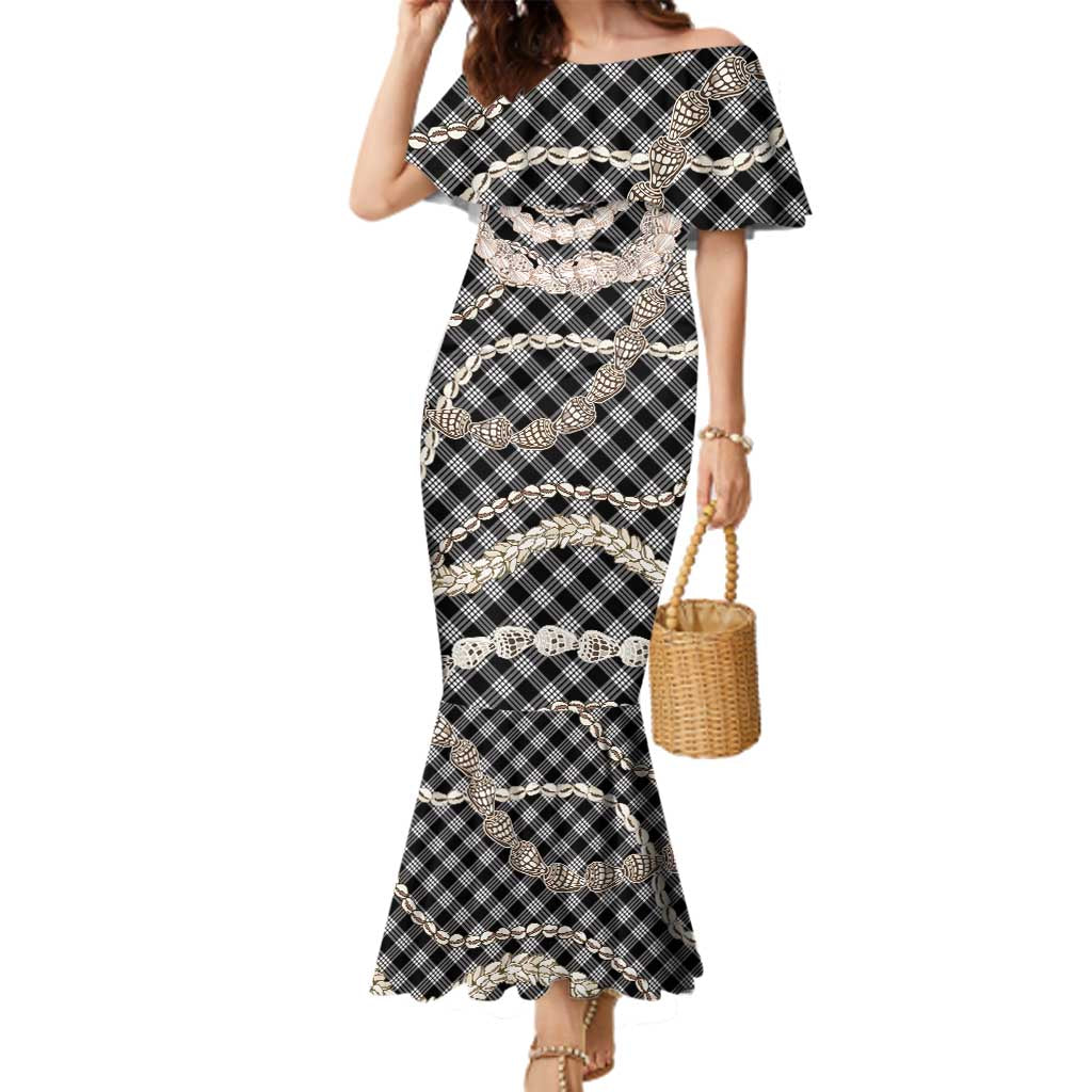 Black Aloha Hawaii Shell Lei Family Matching Mermaid Dress and Hawaiian Shirt Palaka Hebrew Cone Honey Cowrie Elegant Curves - Polynesian Pride